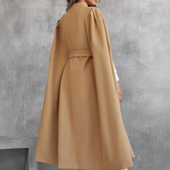 Contemporary Chic Tan Belted Long Cape Overcoat Jacket - Picture 3 of 7
